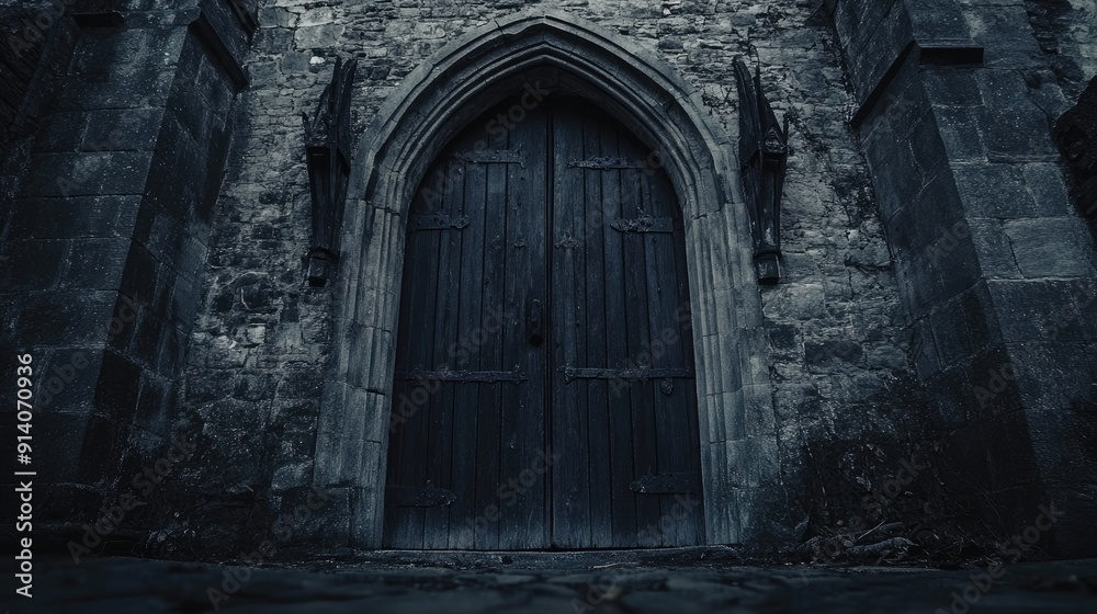 The imposing entrance of an uninhabited ancient stone castle, with its massive wooden doors slightly ajar, revealing darkness within, silent and eerie. The imposing entrance of an uninhabited ancient stone castle, with its massive wooden doors slightly ajar, revealing darkness within, silent and eerie.