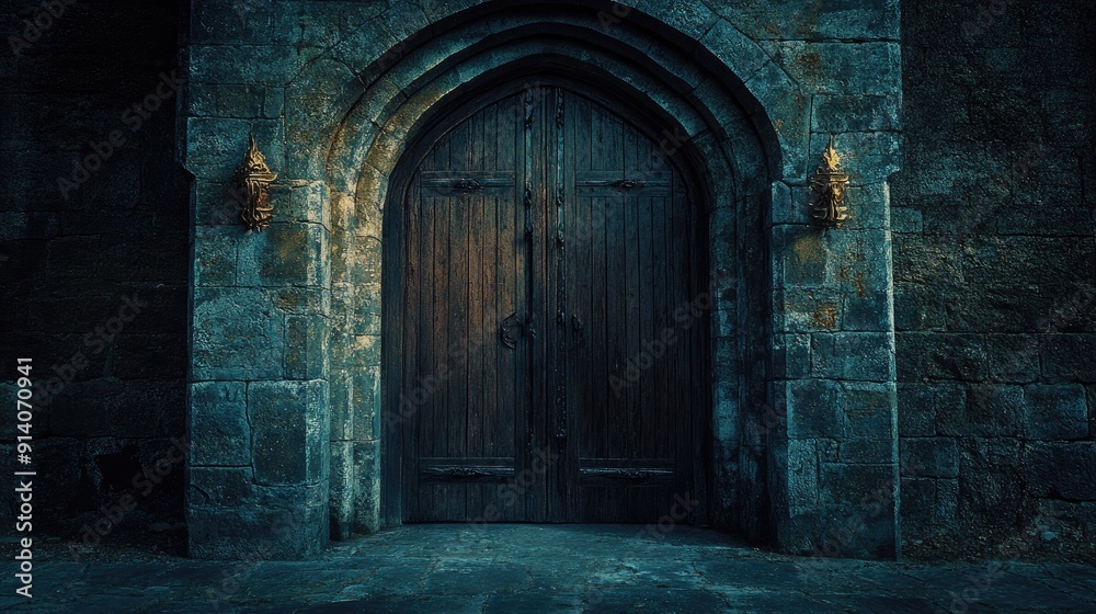 The imposing entrance of an uninhabited ancient stone castle, with its massive wooden doors slightly ajar, revealing darkness within, silent and eerie. The imposing entrance of an uninhabited ancient stone castle, with its massive wooden doors slightly ajar, revealing darkness within, silent and eerie.