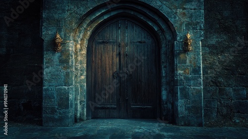 The imposing entrance of an uninhabited ancient stone castle, with its massive wooden doors slightly ajar, revealing darkness within, silent and eerie.