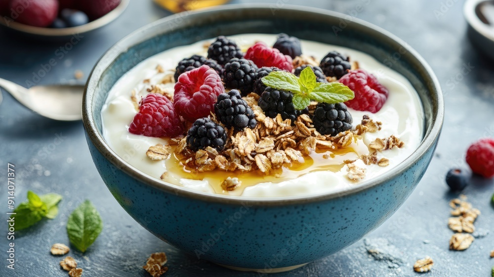 A bowl of creamy yoghurt topped with fresh fruits, granola, and a drizzle of honey, creating a healthy and delicious breakfast option. A bowl of creamy yoghurt topped with fresh fruits, granola, and a drizzle of honey, creating a healthy and delicious breakfast option.