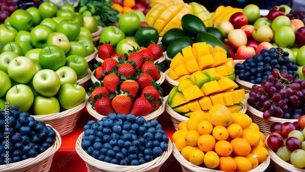 Vibrant Assortment of Fresh Fruits at a Market Stall Vibrant Assortment of Fresh Fruits at a Market Stall