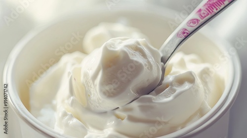 A close-up of a yoghurt container with a spoon, capturing the smooth texture and inviting appearance of this dairy product.