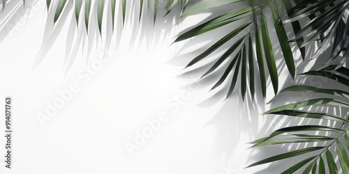 Białe gładkie tło pod baner, grafikę z napisami. Zielone rośliny, gałązki palmy i liście kwiatów. Widok z góry