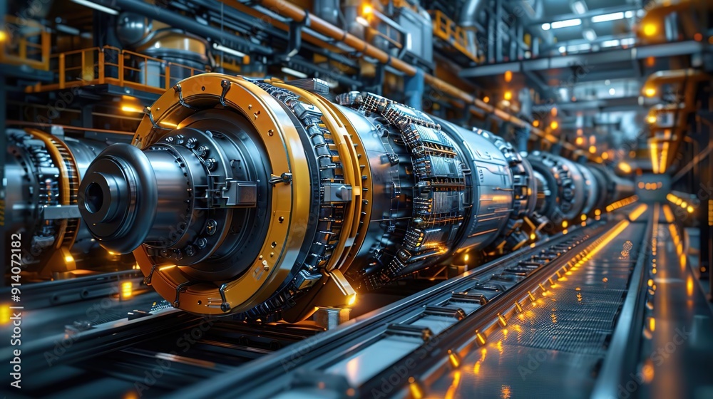 Industrial Machinery: Close-up of a Powerful Machine in a Factory Setting Industrial Machinery: Close-up of a Powerful Machine in a Factory Setting