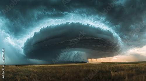 A dramatic view of a supercell storm forming over a wide-open plain, with its rotating updraft and threatening appearance. photo