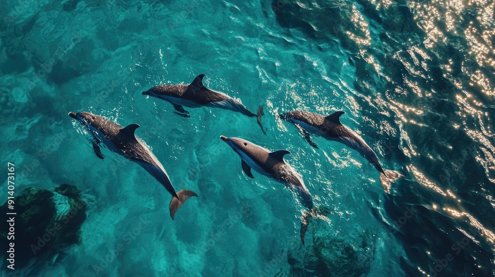 Obraz premium A group of dolphins swimming gracefully through clear turquoise waters, showcasing their intelligence and social nature.