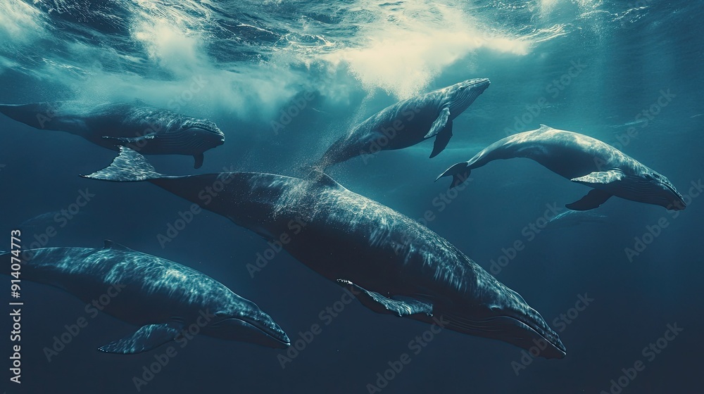 A pod of whales swimming together, their massive bodies moving in harmony through the open ocean, showcasing their social bonds. A pod of whales swimming together, their massive bodies moving in harmony through the open ocean, showcasing their social bonds.