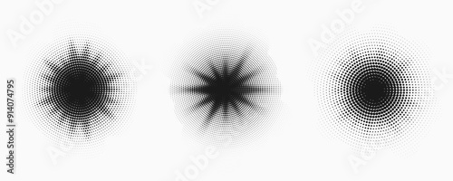 Set of dotted abstract shapes. Circular halftone patterns. Half tone design elements in geometric tech style for logo, banner, web page, print, poster, business cards and template.