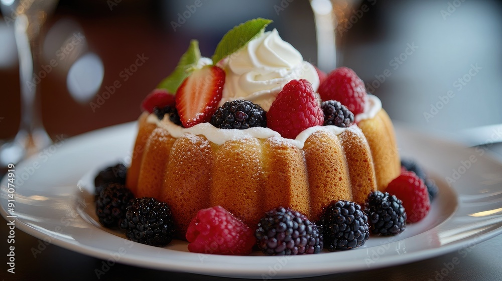 A pound cake served with fresh berries and a dollop of whipped cream, presenting a mouth-watering dessert. A pound cake served with fresh berries and a dollop of whipped cream, presenting a mouth-watering dessert.