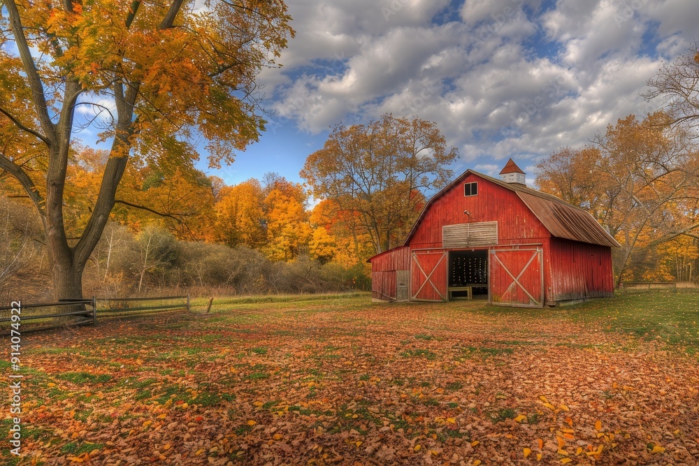 Traditional red barn in rural outdoor setting depicted in wide shot