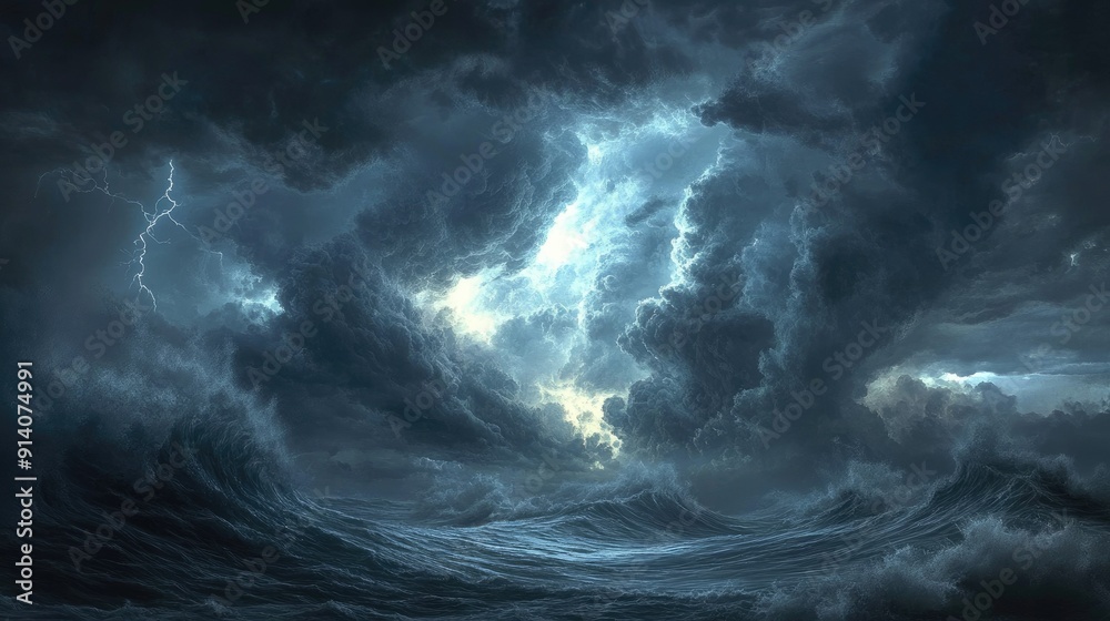 A powerful storm over the ocean, with dark, swirling clouds, towering waves, and flashes of lightning illuminating the tempestuous scene. A powerful storm over the ocean, with dark, swirling clouds, towering waves, and flashes of lightning illuminating the tempestuous scene.