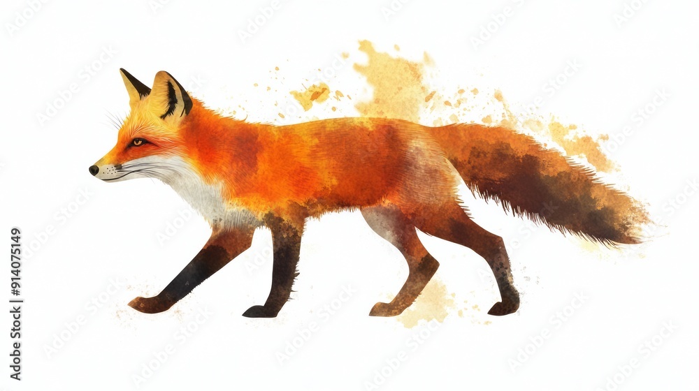 Obraz premium 3D Watercolor Fox Illustration: Bold Outline, Orange and Brown