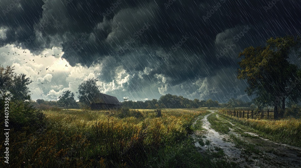 A rural landscape under a severe thunderstorm, with heavy rain, strong winds, and ominous dark clouds dominating the sky. A rural landscape under a severe thunderstorm, with heavy rain, strong winds, and ominous dark clouds dominating the sky.