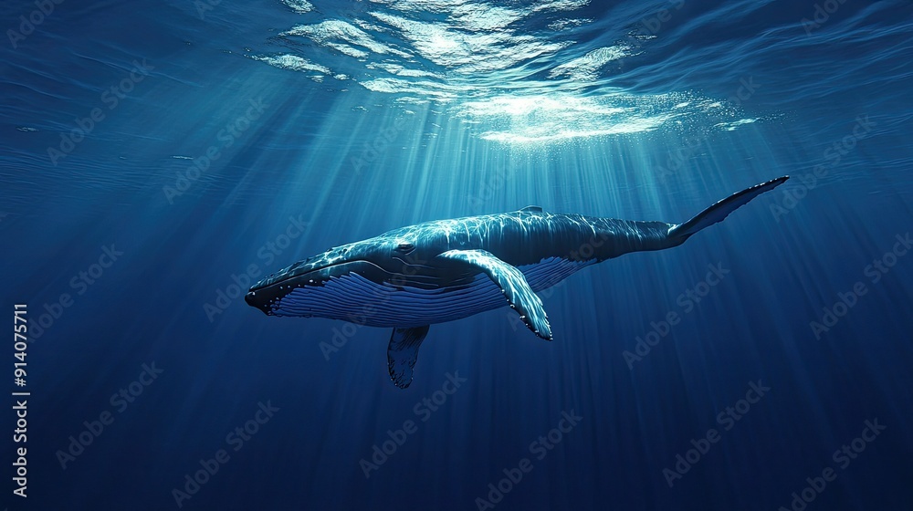Fototapeta premium A serene scene of a whale swimming gracefully through deep blue waters, with shafts of sunlight penetrating the surface.