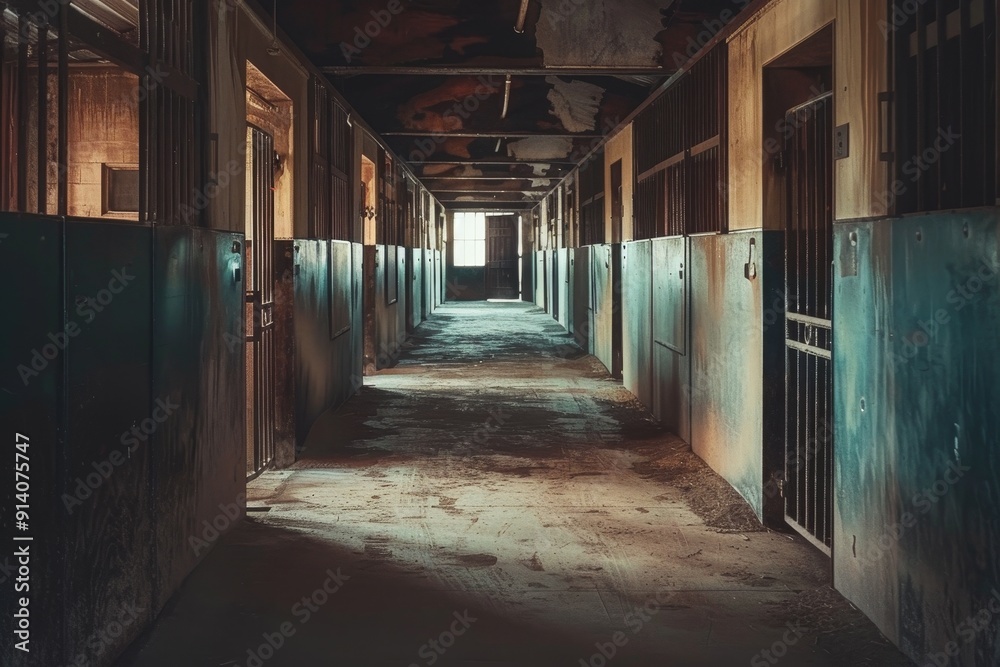 Vacant horse stable hallway in North America Vacant horse stable hallway in North America