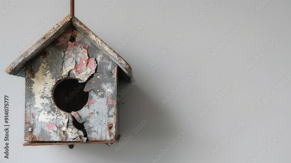 Cracked birdhouse, paint peeling, hanging from a rusted nail Cracked birdhouse, paint peeling, hanging from a rusted nail
