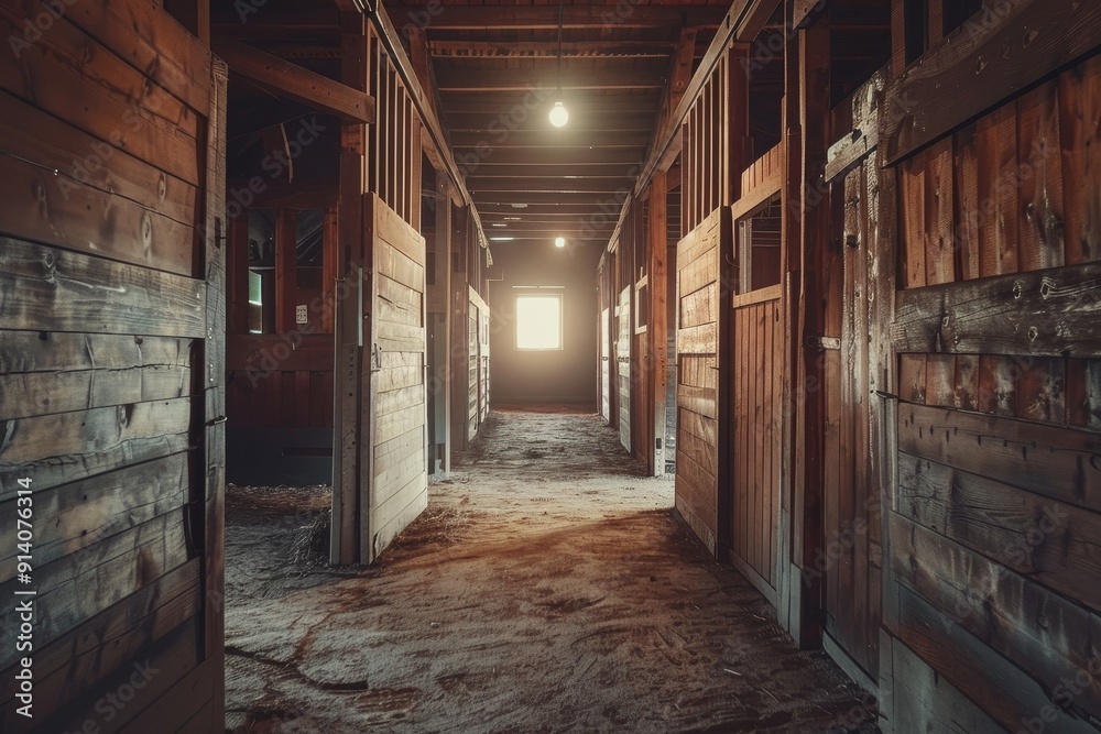 View inside rustic barn with horse stalls illuminated tunnel at end View inside rustic barn with horse stalls illuminated tunnel at end
