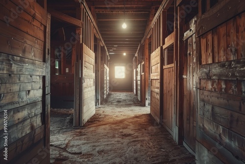 View inside rustic barn with horse stalls illuminated tunnel at end