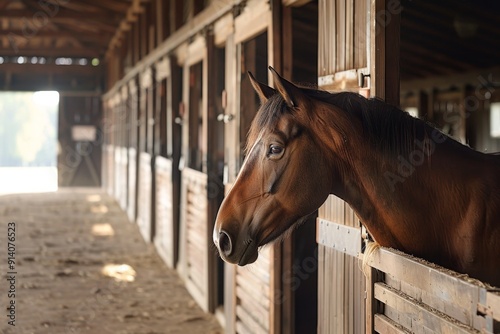 Warmblood horse in stall facing barn aisle