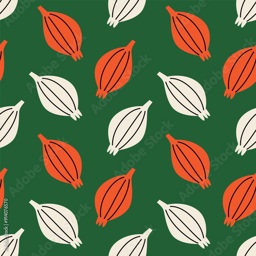 Vector seamless pattern with red and white onion on green background. Modern design for fabric and paper, surface textures. 
