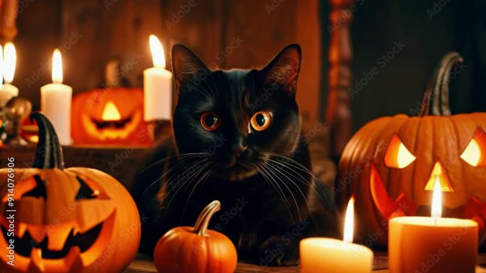 Black Cat with Candles and Pumpkins, Halloween Vibe, Spooky and Festive Black Cat with Candles and Pumpkins, Halloween Vibe, Spooky and Festive
