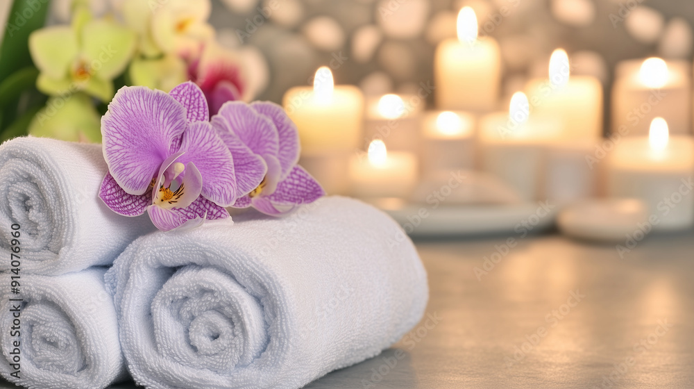 A relaxing spa scene with neatly rolled towels, vibrant orchids, and a variety of candles softly illuminating the area, enhancing the sense of calm, with copy space, A relaxing spa scene with neatly rolled towels, vibrant orchids, and a variety of candles softly illuminating the area, enhancing the sense of calm, with copy space,