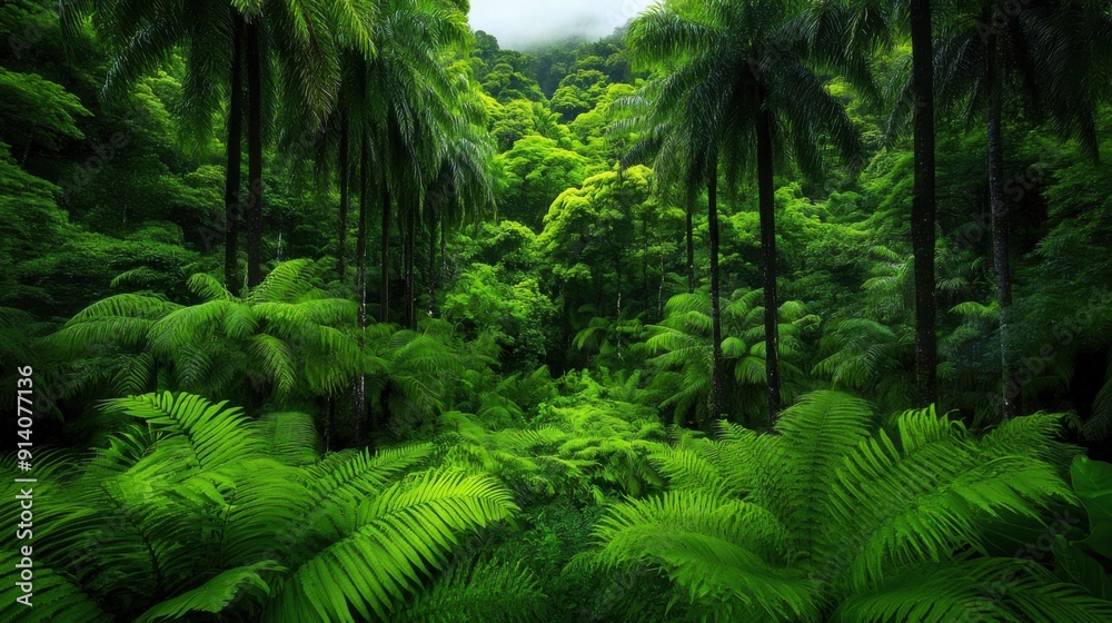 Lush green forest filled with vibrant foliage and towering trees, creating a serene and tranquil natural landscape.