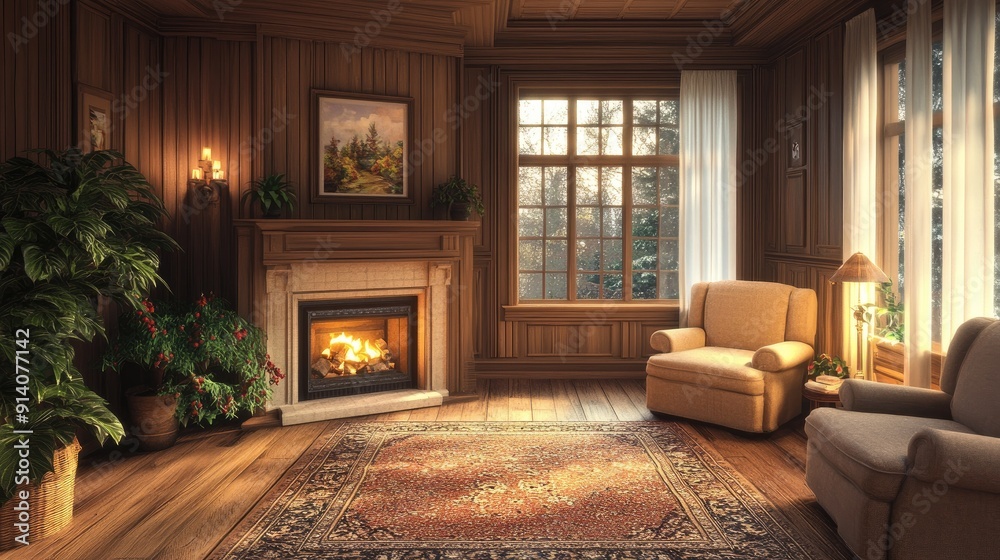 Fototapeta premium An empty living room featuring a cozy fireplace, plush armchairs, and a large rug, exuding warmth and comfort despite the absence of people.