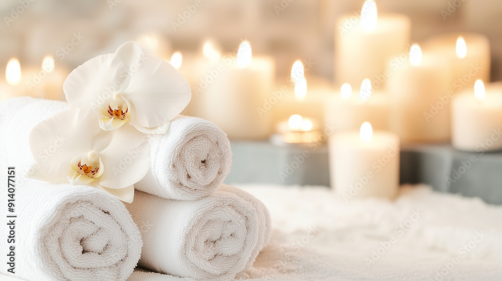A peaceful spa environment showcasing rolled towels, lovely orchids, and numerous candles, perfect for a relaxing experience, with copy space,