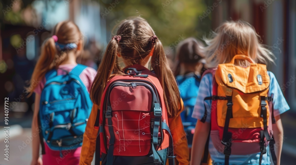 Three girls are walking down the street, each carrying a backpack Three girls are walking down the street, each carrying a backpack