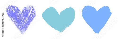Three hearts in blue and purple shades of different shapes with uneven torn edges. Textured vector illustration on white isolated background in flat style for design on the theme of friendship, love.