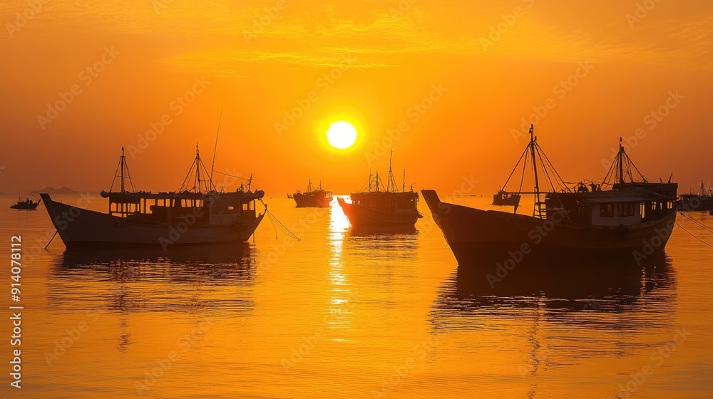 Fishing boats at sunrise, silhouetted against the golden glow of the rising sun, casting reflections on the serene sea surface. Fishing boats at sunrise, silhouetted against the golden glow of the rising sun, casting reflections on the serene sea surface.