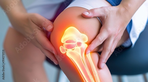 A detailed medical  showing a person holding their knee with a highlighted pain area photo