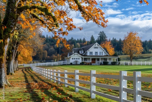 White house on northwest horse ranch with autumn leaves and fence