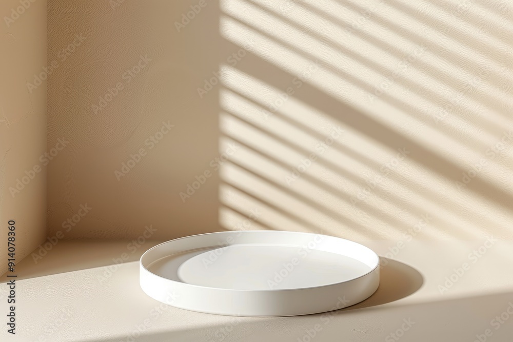 White round tray with window shadow on beige background for product presentation White round tray with window shadow on beige background for product presentation