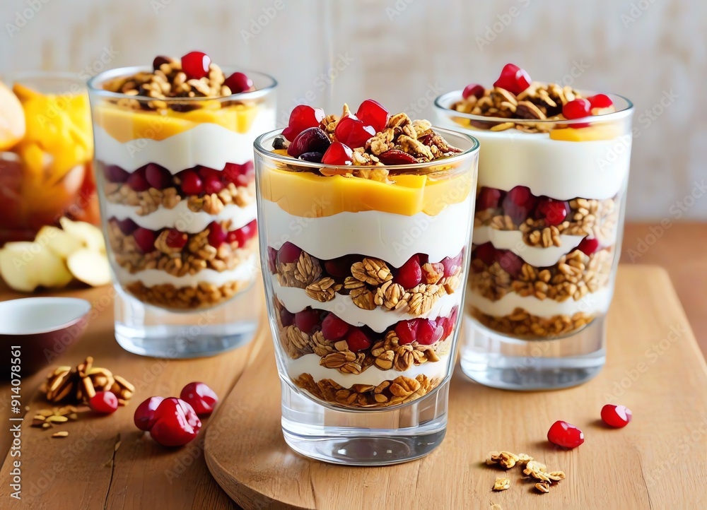 An image of delicious and healthy parfait served in glasses An image of delicious and healthy parfait served in glasses