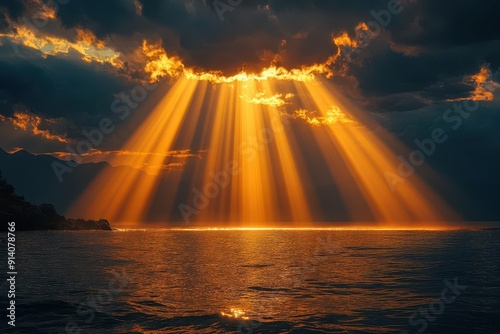 ethereal golden light beams piercing through clouds symbolizing divine presence illuminating a darkened landscape below with warm hopefilled radiance photo