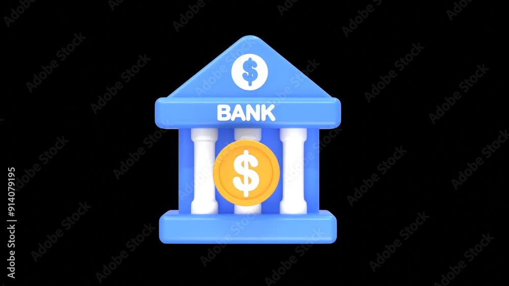 Bank icon animation motion graphics in black background