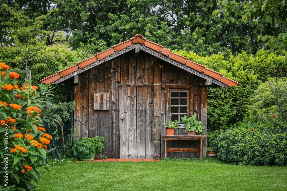 Wooden outhouse with a tiled roof and fresh green lawn in front Wooden outhouse with a tiled roof and fresh green lawn in front