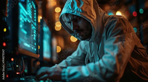 The hacker is sitting at the computer. Cybersecurity, user interface and identity on the computer for online crimes, fraud and viruses