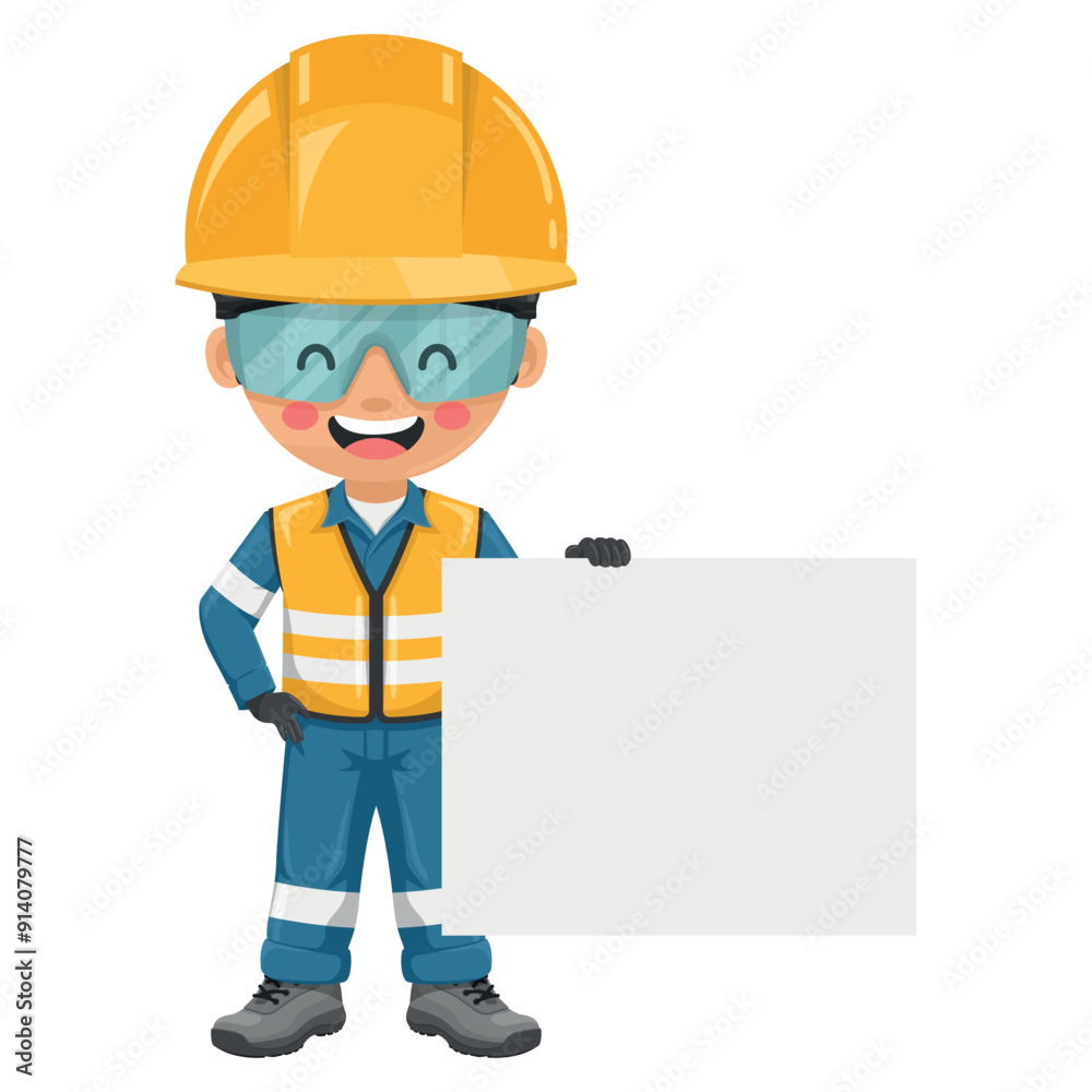Industrial engineer dressed in reflective safety vest, blue coverall, helmet, safety glasses and gloves holding a banner with space for text for advertising, presentations, brochures. Safety first