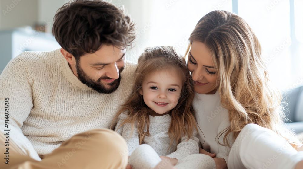 Cheerful family time, parents and kids sitting together on the floor, warm and loving atmosphere, modern living room, with copy space Cheerful family time, parents and kids sitting together on the floor, warm and loving atmosphere, modern living room, with copy space