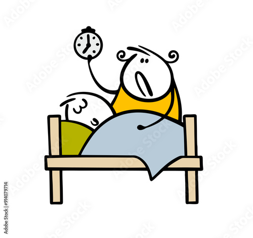 Cartoon disgruntled woman wakes up a man for work. Vector illustration of  stickman sleeping in  crib, his wife standing and holding an alarm clock.  Student does not want to get up for school in bed.