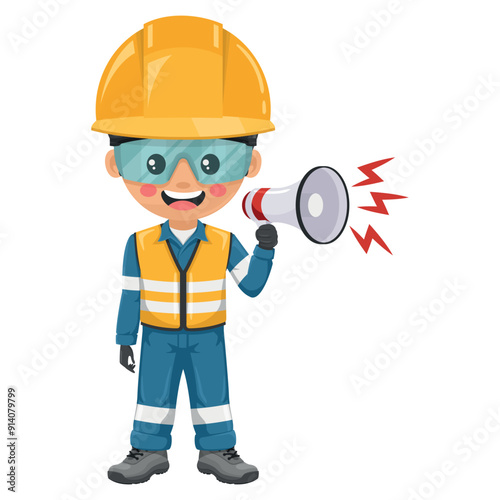 Industrial engineer dressed in reflective safety vest, blue coverall, helmet, safety glasses and gloves making an announcement with a megaphone. Industrial safety and occupational health at work