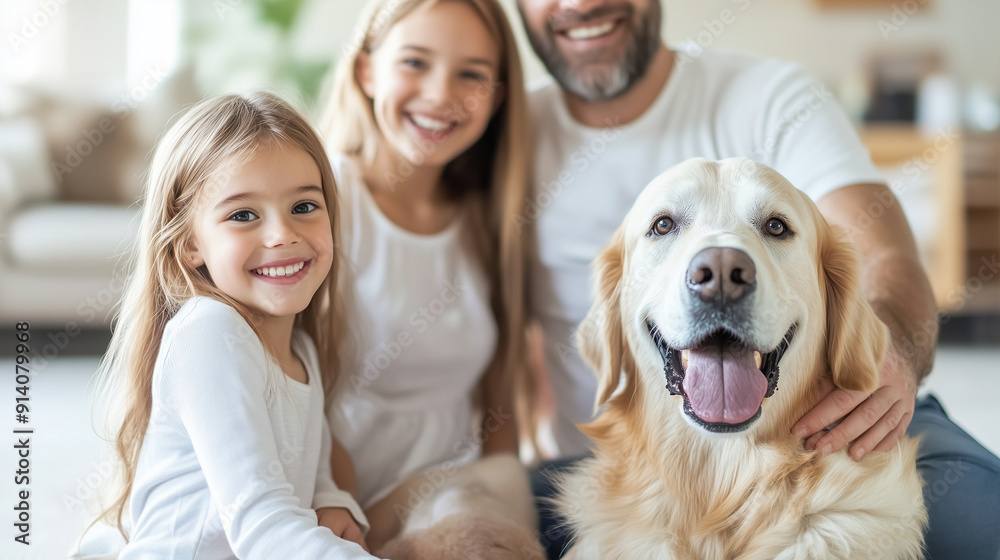Happy family with their dog sitting on the floor in a cozy living room, parents and daughter smiling and hugging, warm and inviting home, with copy space Happy family with their dog sitting on the floor in a cozy living room, parents and daughter smiling and hugging, warm and inviting home, with copy space