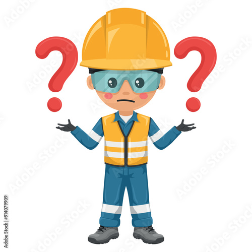 Industrial engineer with reflective safety vest and helmet with question sign for FAQ concept. Supervisor with his personal protective equipment. Industrial safety and occupational health at work