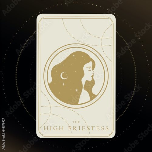 Golden tarot card of Major Arcana the High Priestess. Tarot card in golden and white colors. Tarot symbolism. Mystery, astrology, esoteric. Vector illustration