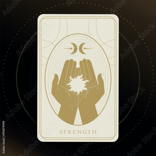 Golden tarot card of Major Arcana Strength. Tarot card in golden and white colors. Tarot symbolism. Mystery, astrology, esoteric. Vector illustration