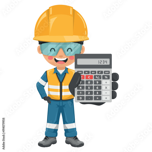 Industrial engineer with reflective safety vest and helmet with a calculator in hand for financial analysis, accounting and budget calculation. Safety first. Industrial safety and occupational health