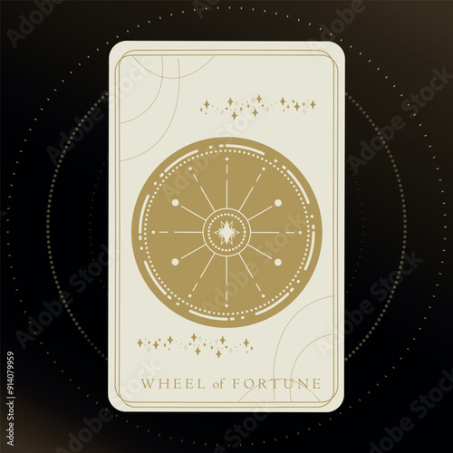 Golden tarot card of Major Arcana Wheel of Fortune. Tarot card in golden and white colors. Tarot symbolism. Mystery, astrology, esoteric. Vector illustration